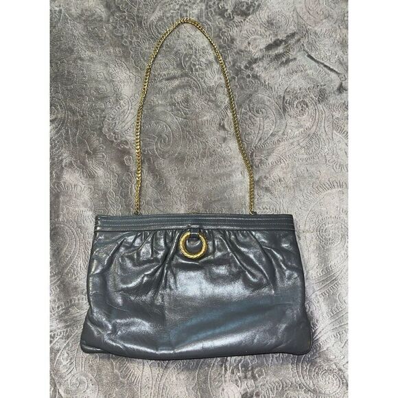 Vintage MORRIS MOSKOWITZ Leather Clutch Handbag Evening Gold Chain O Rings - Picture 6 of 9